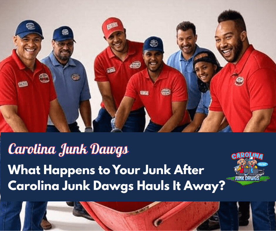 A promotional image for Carolina Junk Dawgs featuring two men in red shirts and blue pants pushing a red wheelbarrow filled with junk, standing in front of a clean Carolina landscape. A sign in the foreground reads "Carolina Junk Dawgs: Your Local Junk Removal Pack, Serving Charlotte, Fort Mill, and Beyond with Pride and Purpose," with the website and phone number (704-327-2484).