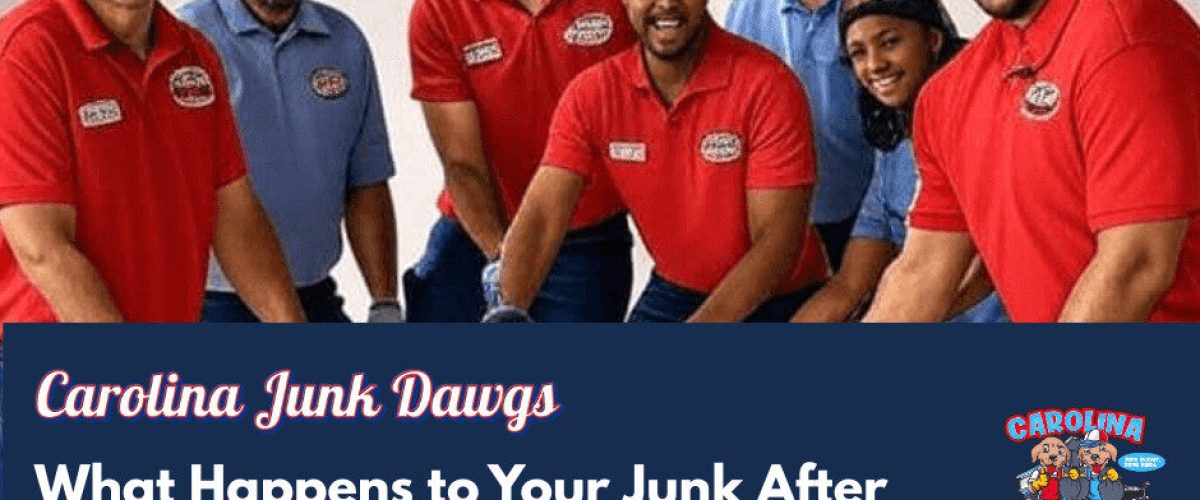 A promotional image for Carolina Junk Dawgs featuring two men in red shirts and blue pants pushing a red wheelbarrow filled with junk, standing in front of a clean Carolina landscape. A sign in the foreground reads "Carolina Junk Dawgs: Your Local Junk Removal Pack, Serving Charlotte, Fort Mill, and Beyond with Pride and Purpose," with the website and phone number (704-327-2484).
